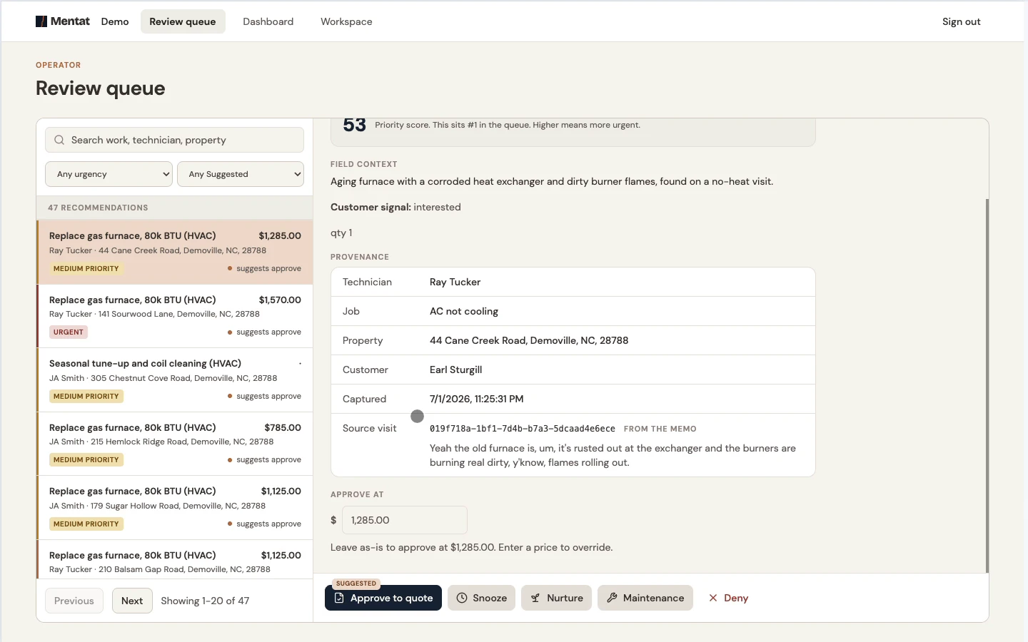 One recommendation open in the review queue: its price, priority score, field context, and provenance